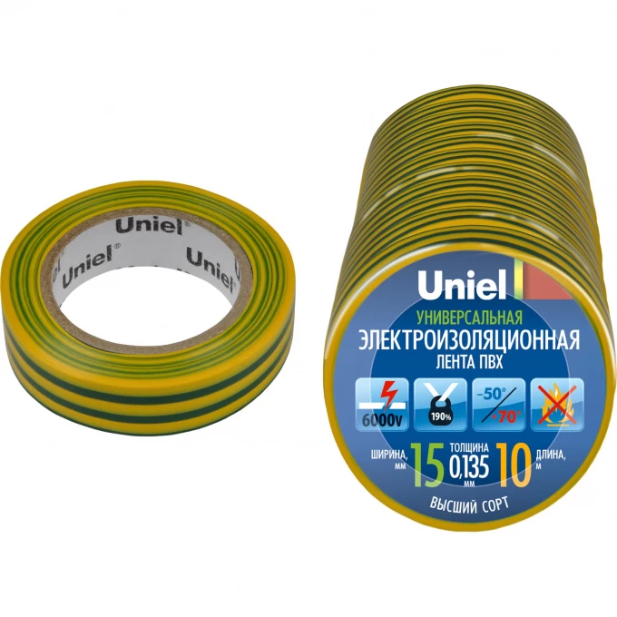 Изоляционная лента UNIEL UIT-135P 10/15/10 YGR 10 м, 15 мм, 0,135 мм, 10 шт, цвет Желто-Зеленый 04523 Изоляционная лента UNIEL UIT-135P 10/15/10 YGR 10 м, 15 мм, 0,135 мм, 10 шт, цвет Желто-Зеленый 04523