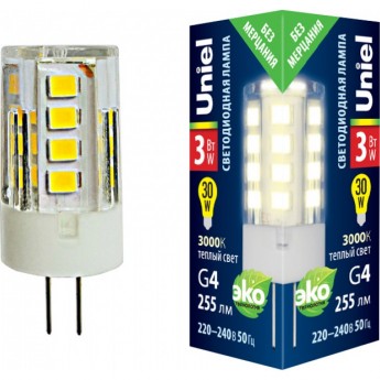 Лампа светодиодная UNIEL LED-JC-220/3W/3000K/G4/CL GLZ09TR прозрачная