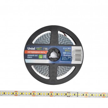 Светодиодная лента UNIEL ULS-2835-180LED/m-10mm-IP20-DC24V-17W/m-5M-6500K катушка в герметичной упаковке