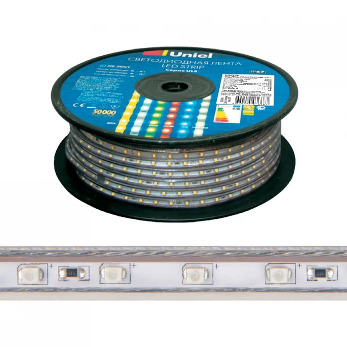 Светодиодная лента UNIEL ULS-5050-60LED/m-16mm-IP67-220V-14,4W/m-50M-RGB бобина 10803 Светодиодная лента UNIEL ULS-5050-60LED/m-16mm-IP67-220V-14,4W/m-50M-RGB бобина 10803